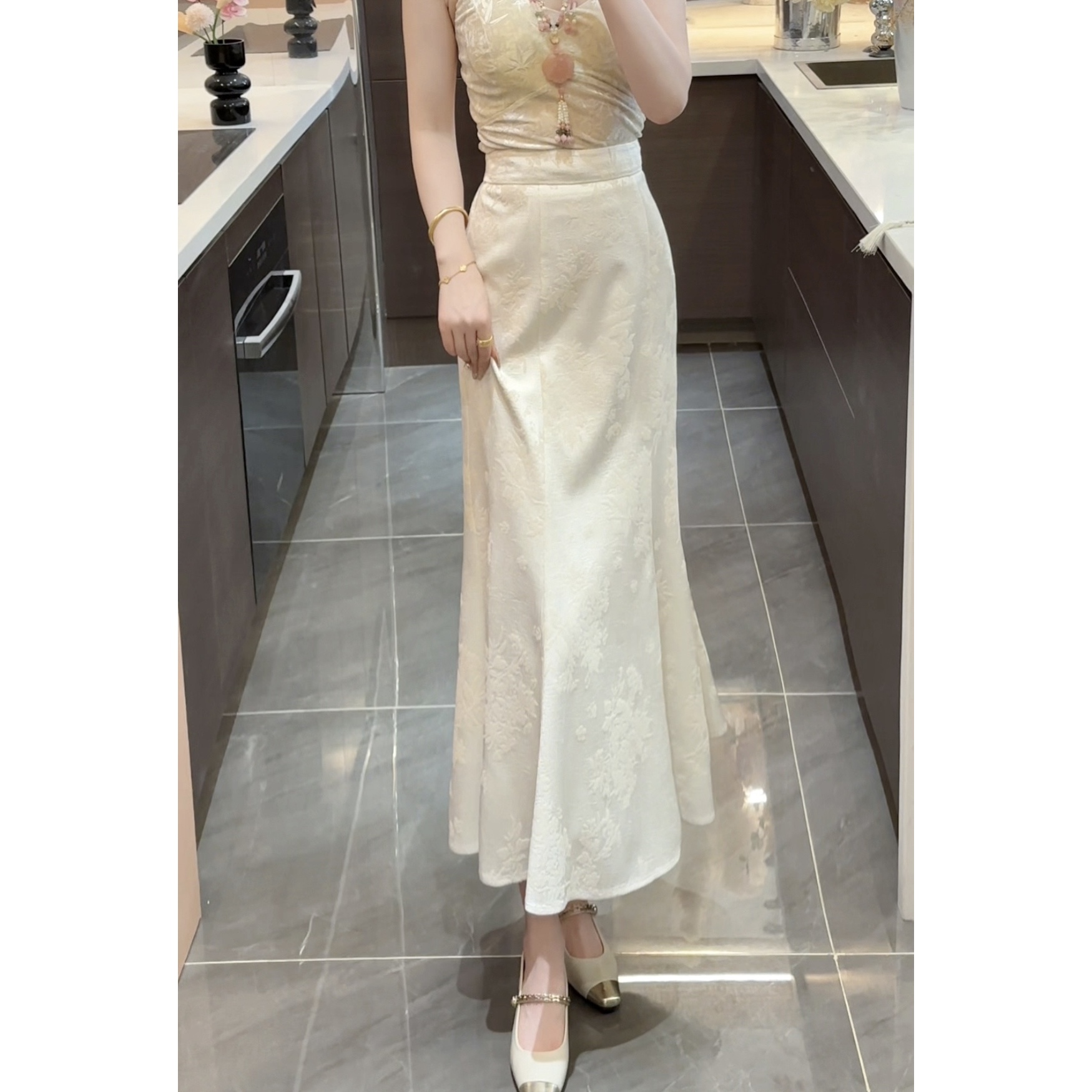 【周粥】【花瓷裙】2025秋季新款植绒提花气质修身鱼尾裙JJX5BSQ6627