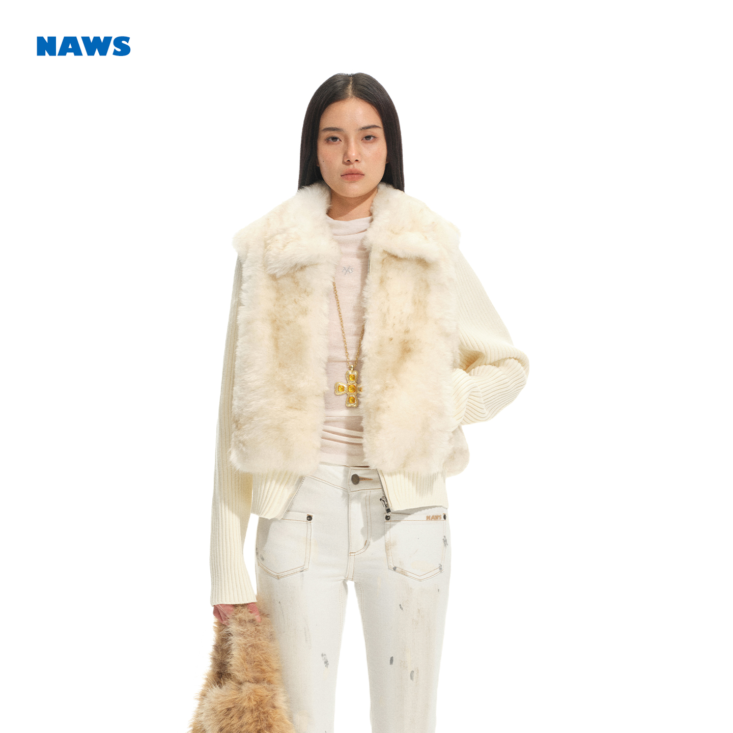 NAWS 雪原毛毛外套 莫斯纳羊毛拼接可拆卸针织袖翻领保暖毛毛外套