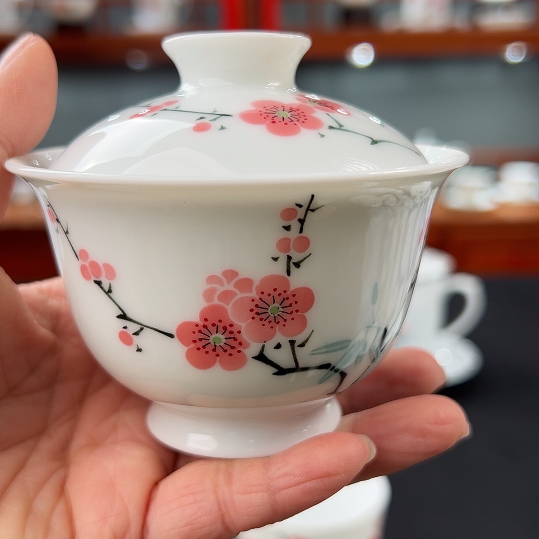 玉泥翠竹红梅两才盖碗