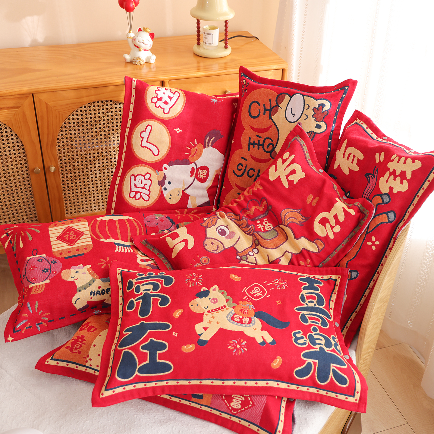 A类纯棉纱布按扣加厚儿童枕套马年宝宝新年款全棉乳胶全包枕头套