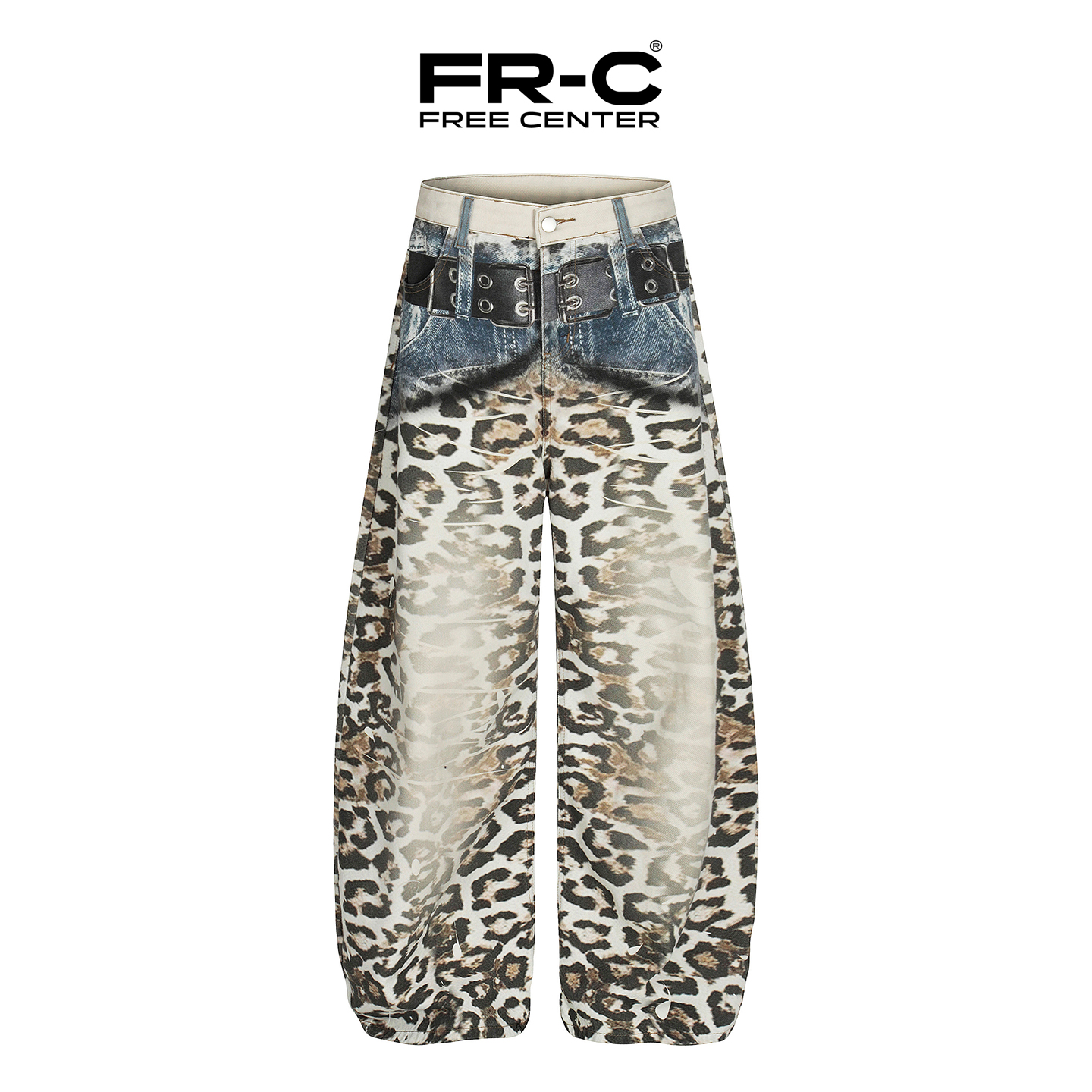 FREE CENTER美式3D数码打印豹纹印花弯刀牛仔裤男女宽松阔腿裤