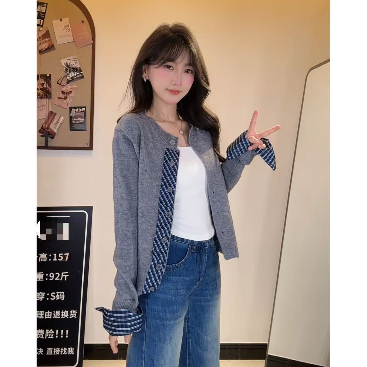 衬衫拼接灰色针织毛衣开衫女2025新款高级慵懒宽松显瘦外套