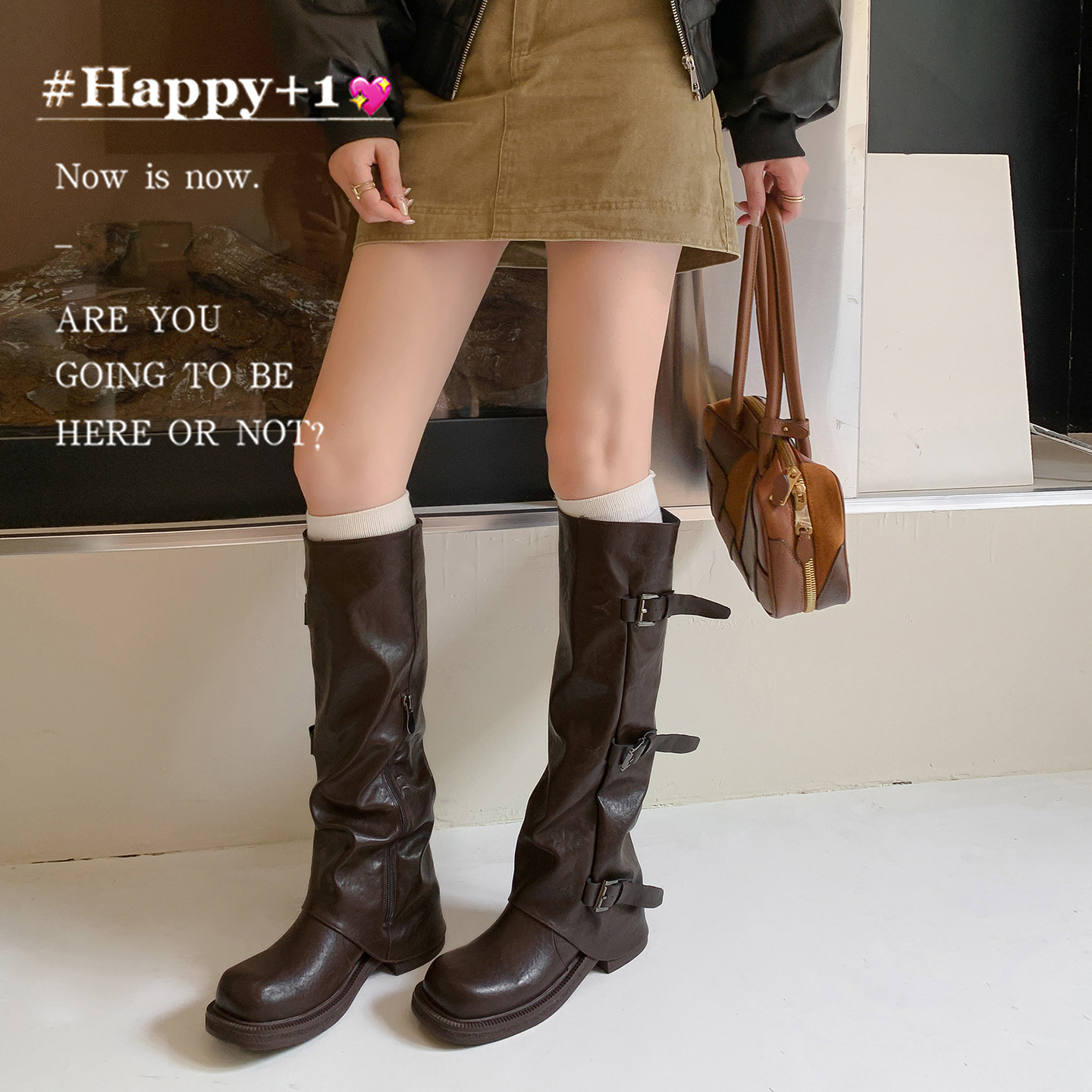 葡萄妈同款增高皮带扣方头褶皱中筒骑士靴女西部堆堆裤管靴复古秋