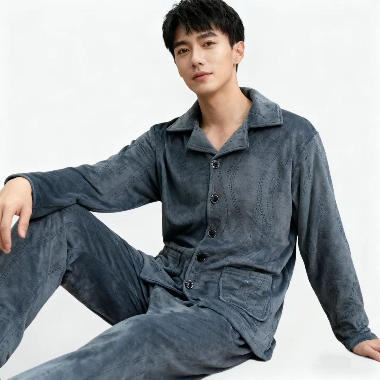 秋冬睡衣男大码长袖时尚海岛绒休闲加厚宽松翻领冬季保暖休闲套装