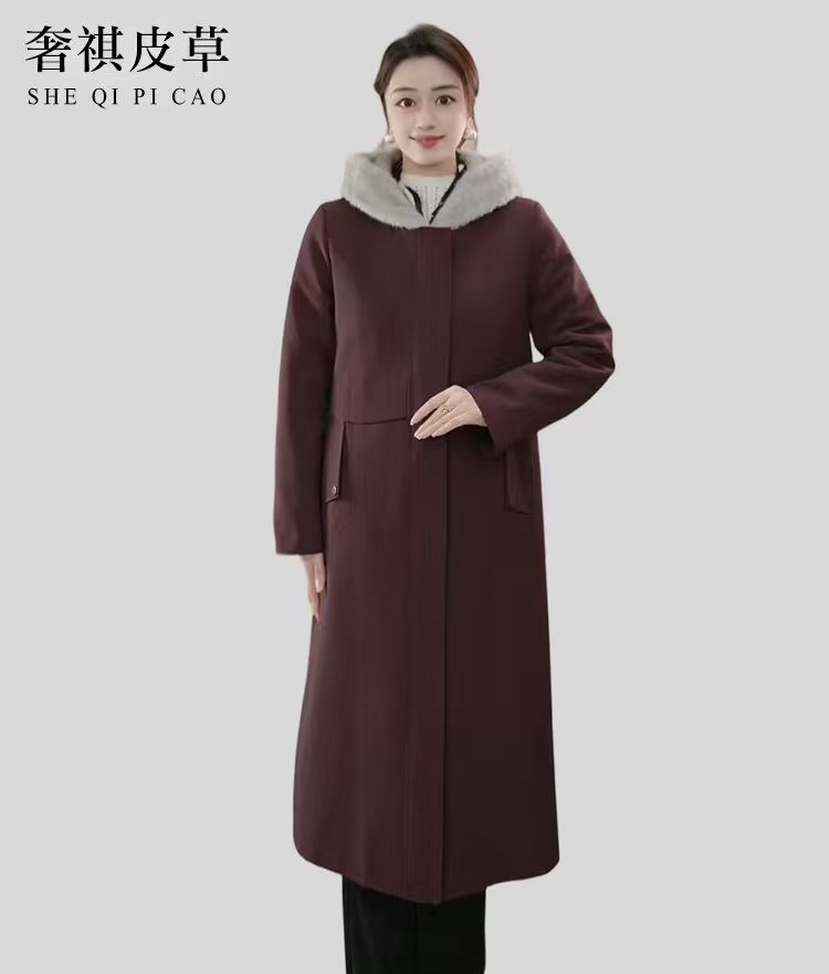 【奢祺服饰】长款连帽气质款可拆卸貂绒内胆女士尼克服外套2802
