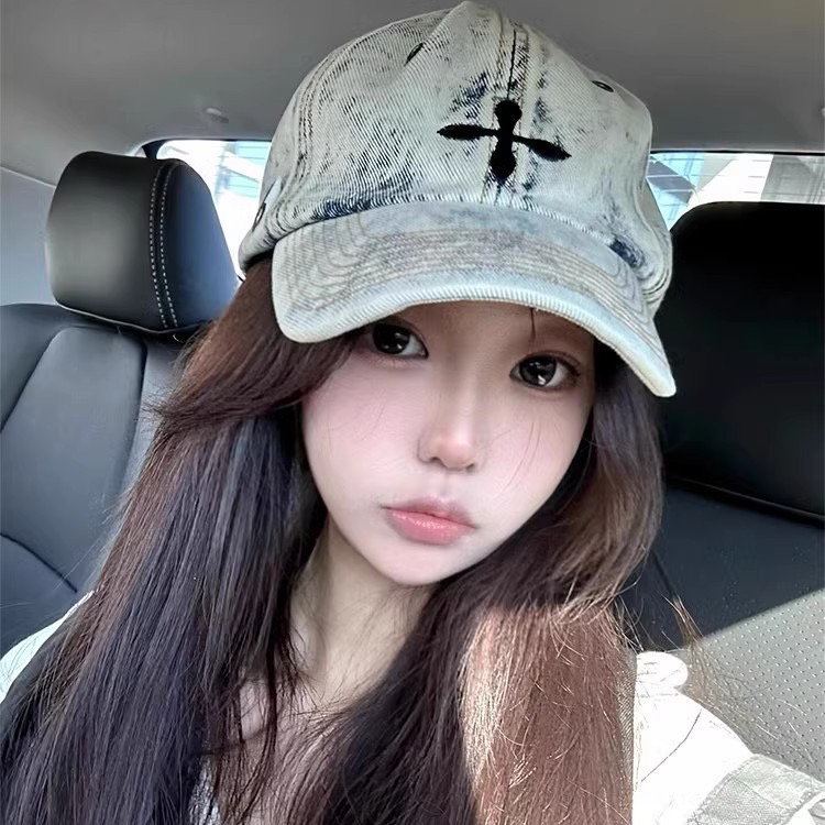 夏新款十字牛仔棒球帽潮流百搭十字刺绣做旧运动休闲显脸小鸭舌帽