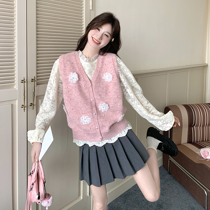 时尚套装淑女气质穿搭套装女2025春新款粉色花朵针织马甲蕾丝