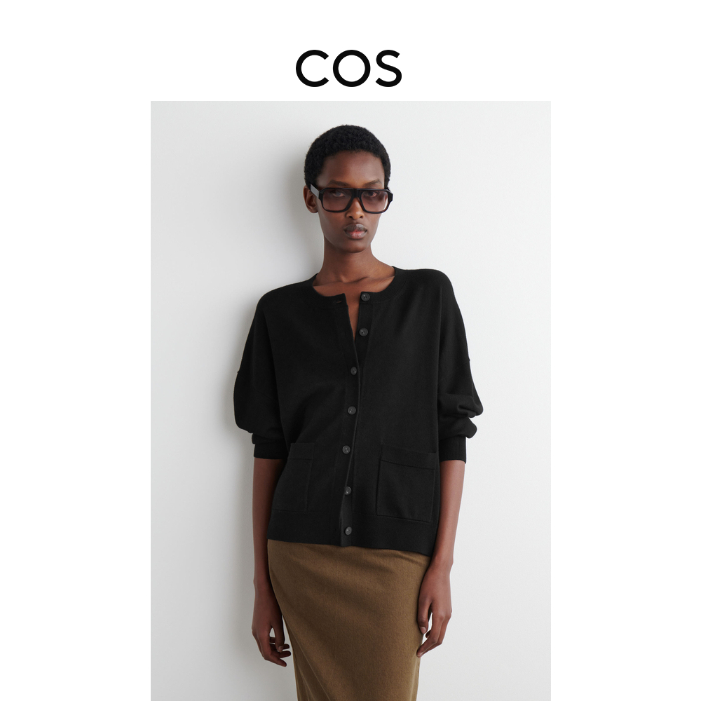 COS女装 休闲版型圆领羊毛针织开衫黑色新品1259543001