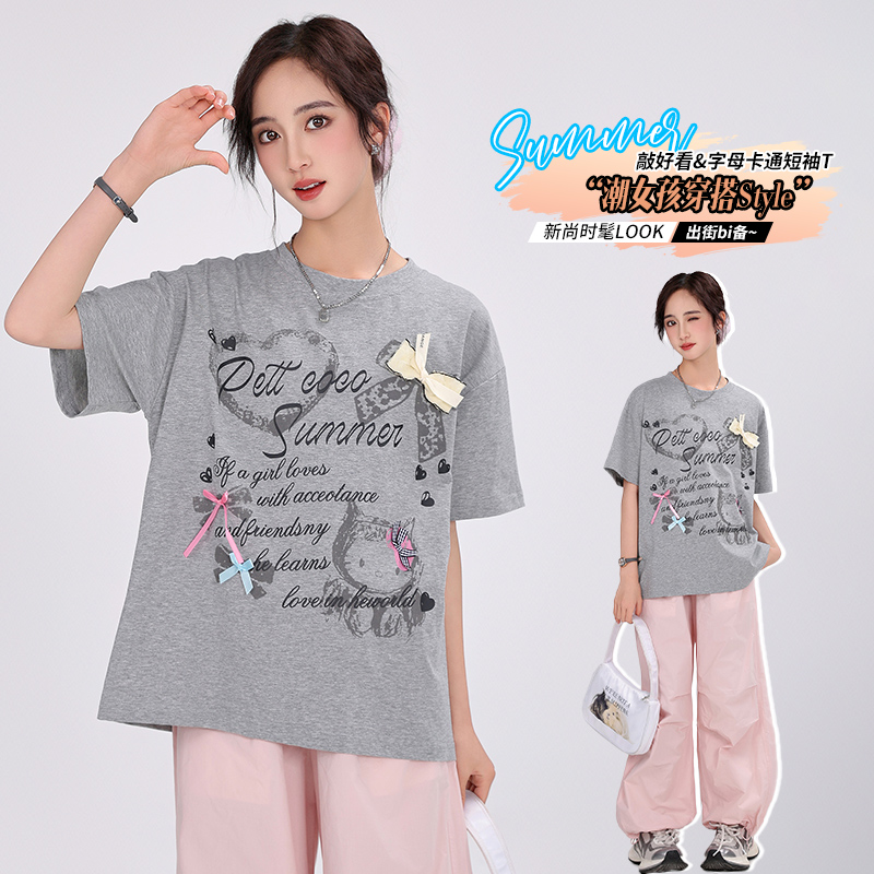 初中女童短袖t恤夏装中大童大码宽松青少年装棉T加肥加大胖童装