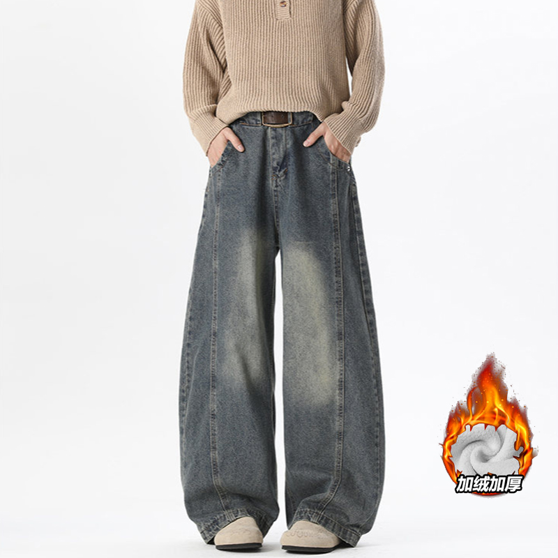 复古蓝色弯刀牛仔裤男款秋冬直筒宽松潮牌美式水洗长裤阔腿长裤子