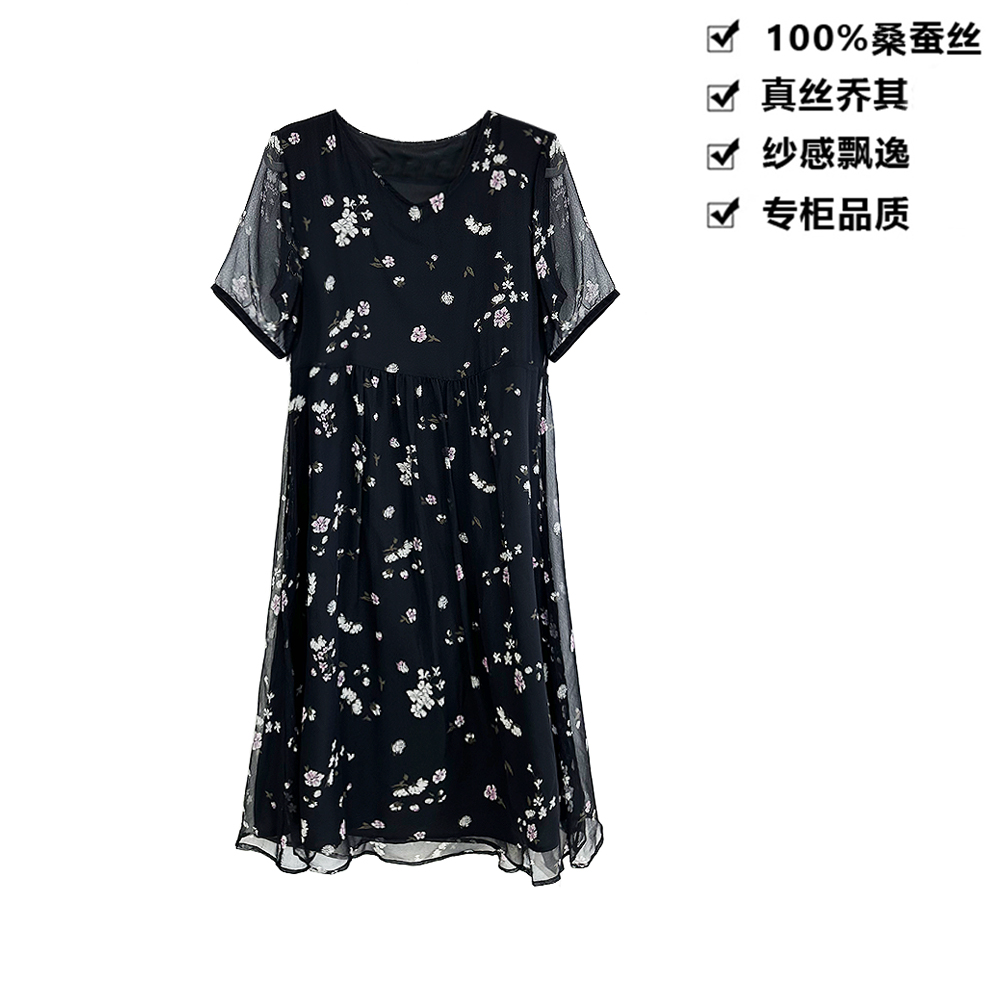 100桑蚕丝连衣裙真丝乔其暗夜繁花印花桑蚕丝连衣裙LYQB08
