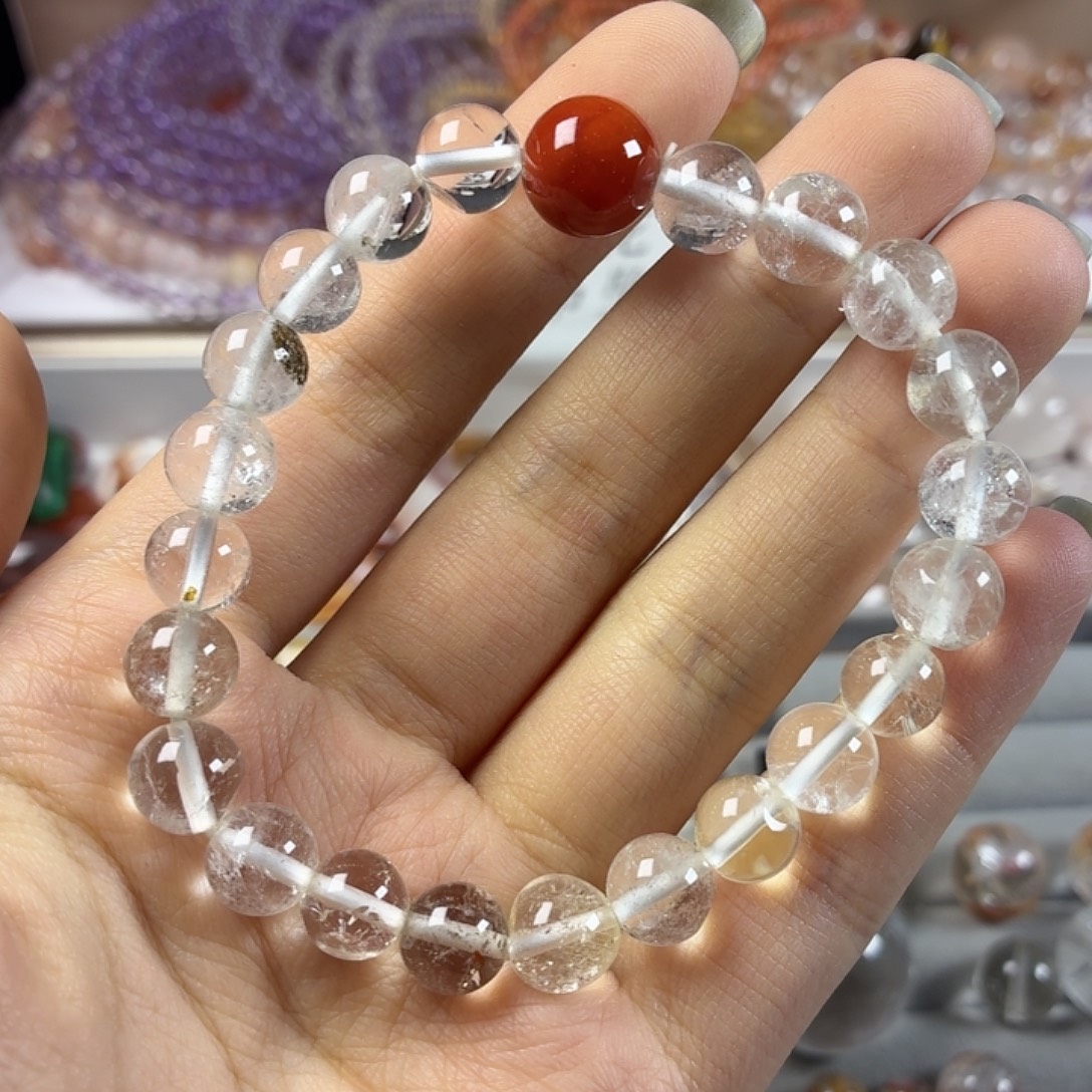 银S925镶嵌水晶手链南红顶珠幽灵白水串