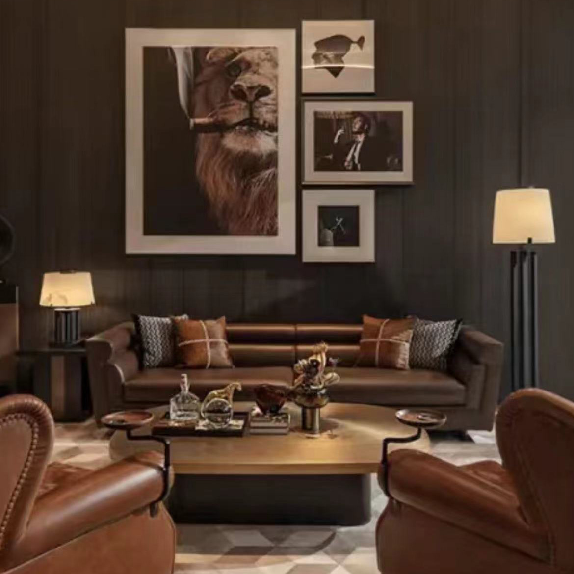 现代轻奢咖棕色沙发抱枕靠垫搭配牛皮靠枕