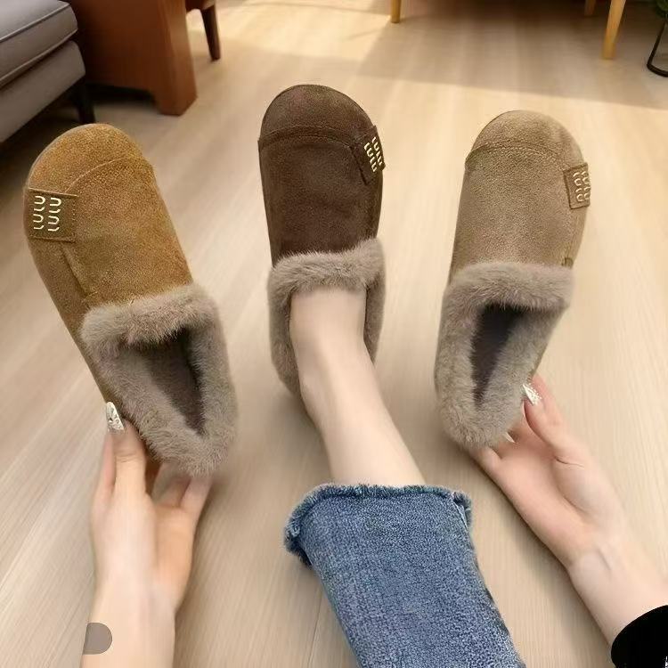 2025新款秋冬季新款防滑一脚蹬棉鞋女平底加绒保暖豆豆鞋 Z