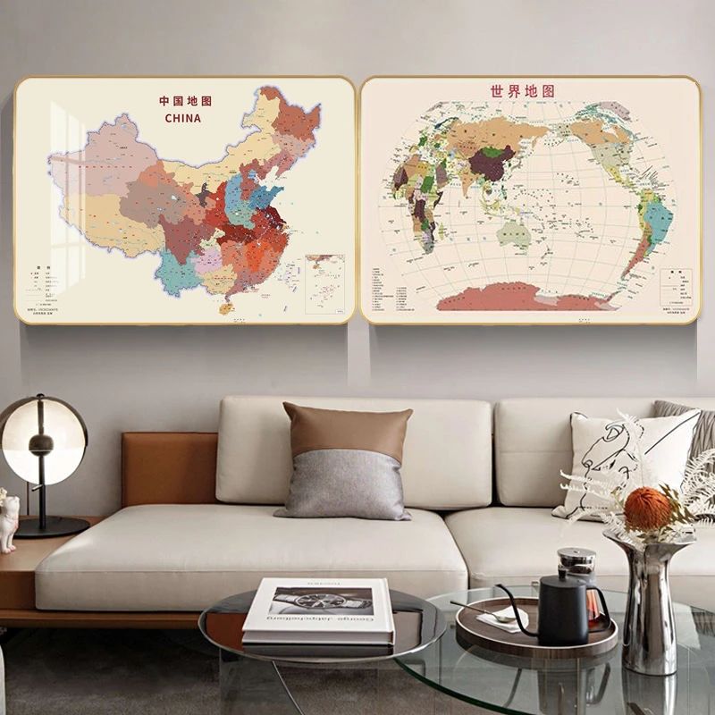 中国地图+世界地图挂画书房卧室两联画书房会客玄关挂画办公室