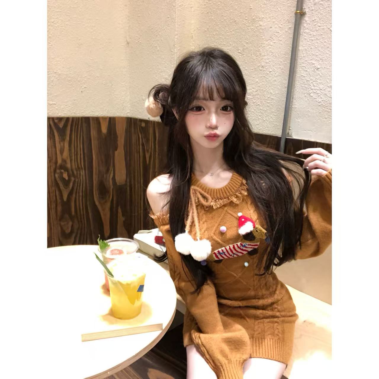 【林林在忙】暖栗甜心  小众气质显瘦毛衣针织连衣裙+百搭围巾