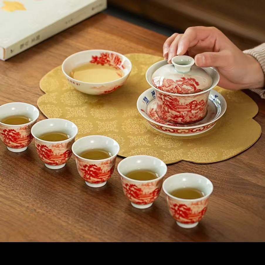 景德镇制家用矾红蓬莱仙境白瓷大号中式陶瓷盖碗高奢茶具礼盒套装