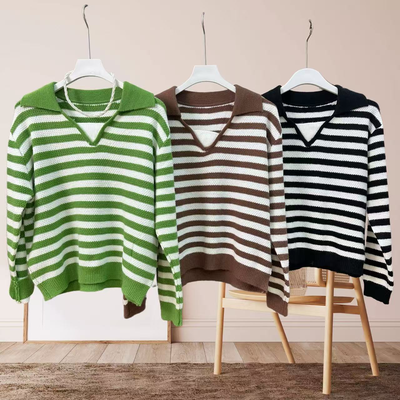 1069毛衣海鸥领长袖落肩袖条纹常规款毛衣时尚冬季慵懒风