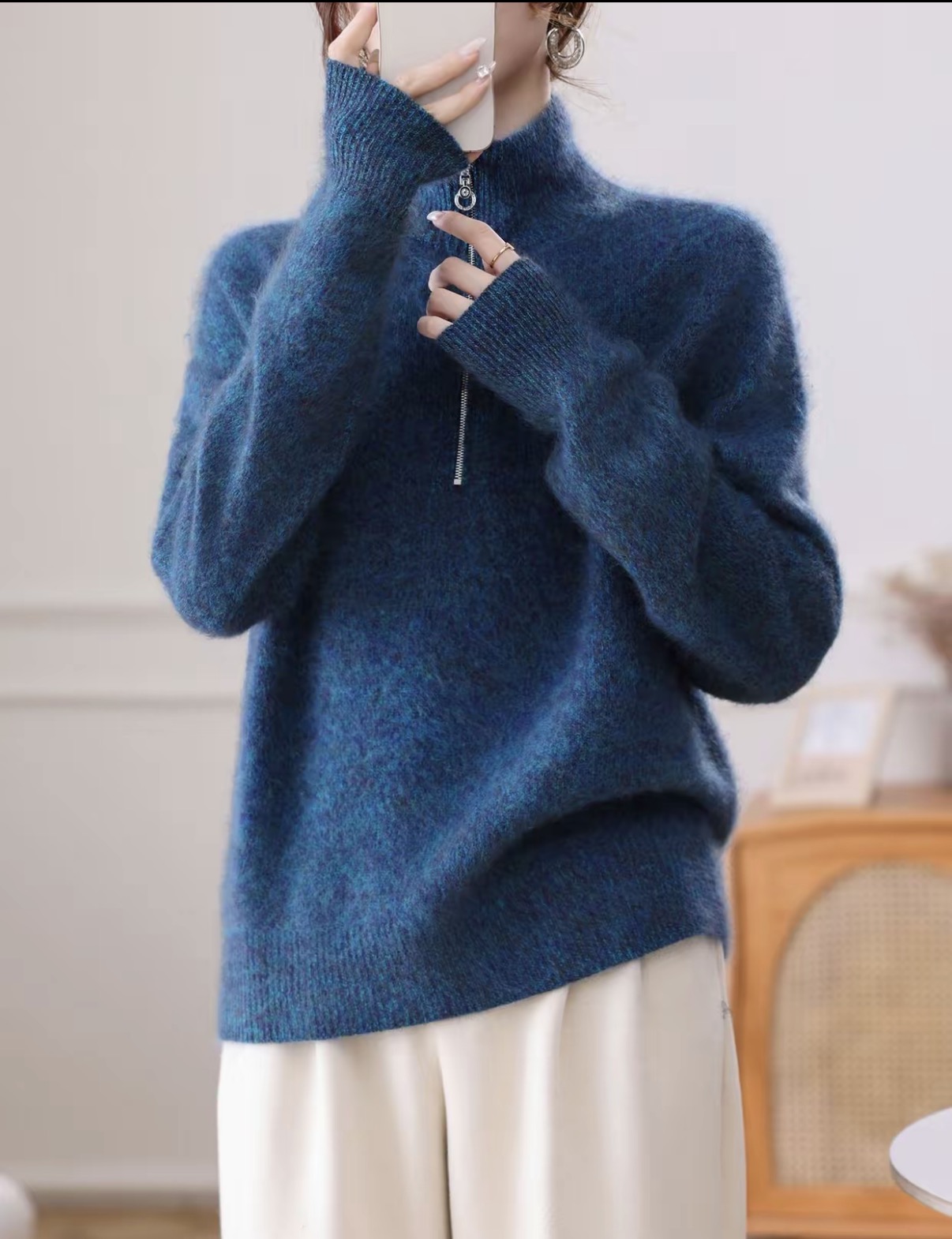 【蓝眼泪】立领半拉链花纱羊绒女秋冬加厚拉绒长袖宽松针织羊毛上衣
