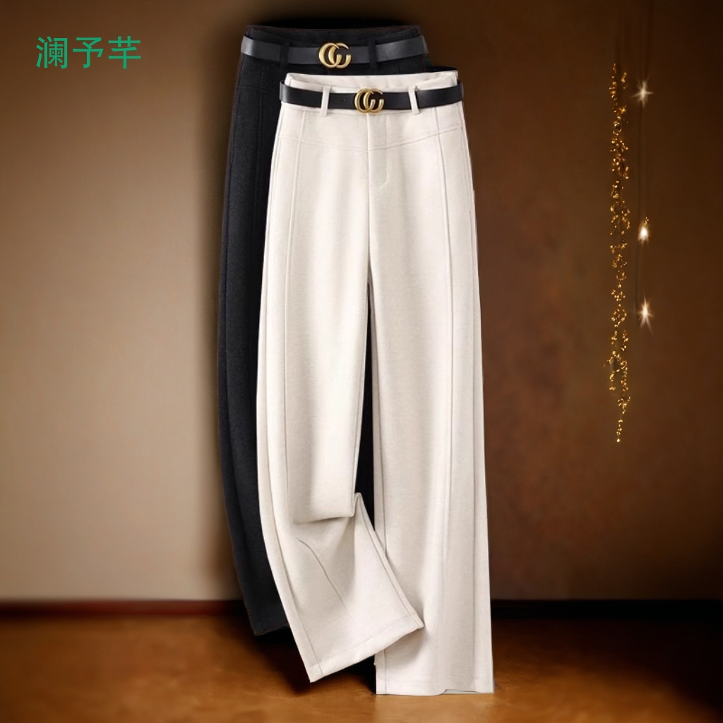 醋酸羊毛高腰松紧阔腿裤女2025秋冬季新款羊毛呢直筒休闲裤