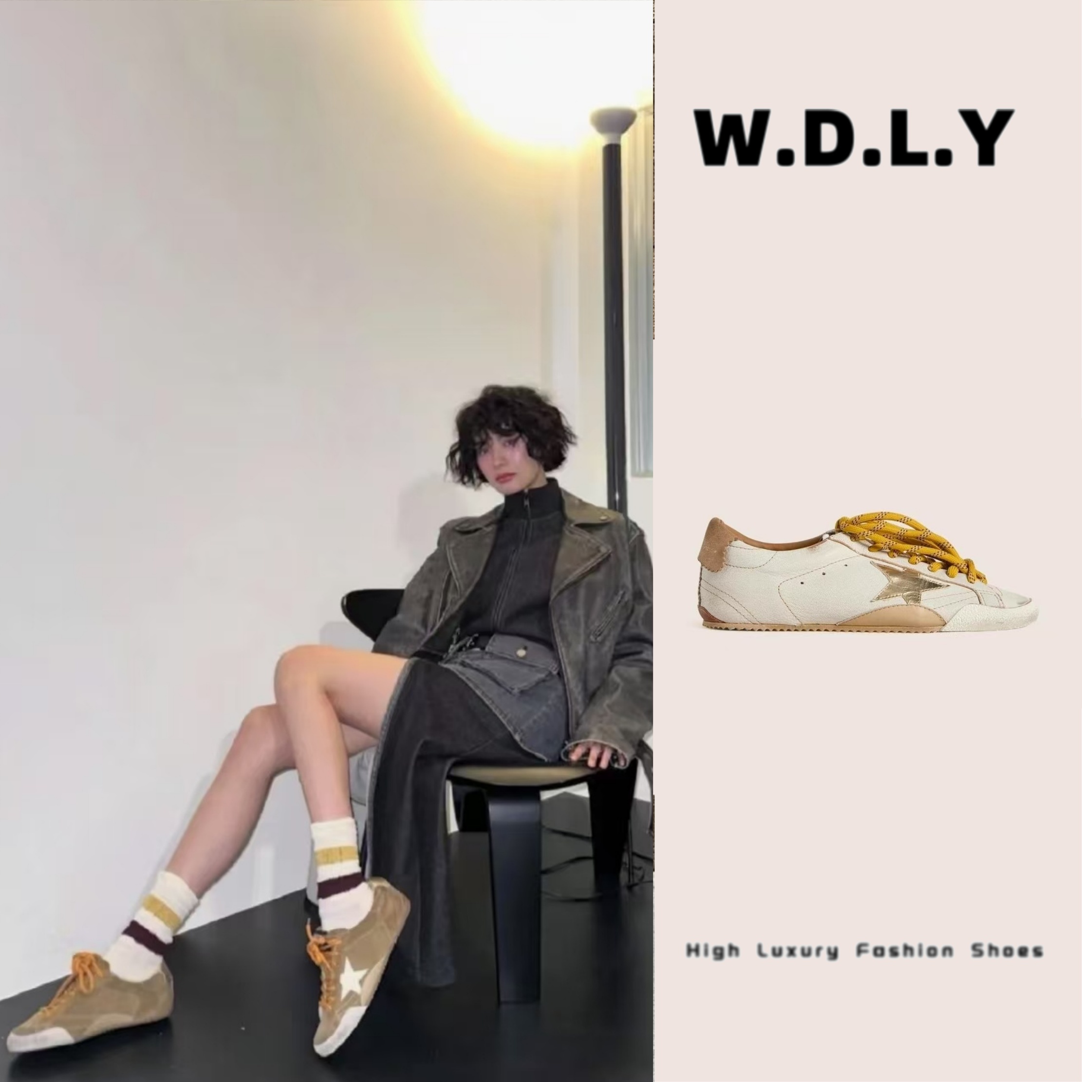 韩国小脏脏鞋女做旧星星鞋复古运动休闲增高薄底鞋2025新款双色带