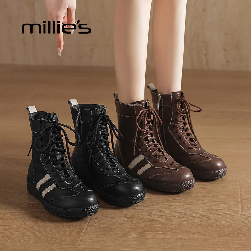 妙丽女鞋圆头拼色低跟马丁靴黑色中筒女靴中国风长筒修面皮