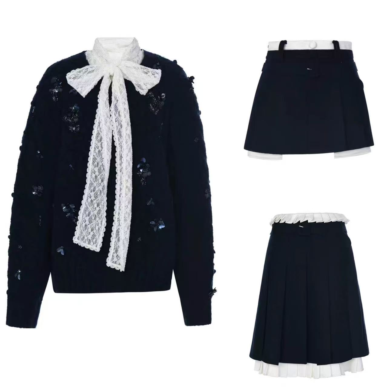 辰辰店藏蓝色亮片蝴蝶结上衣半裙