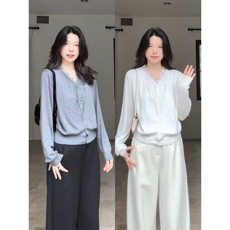 郭九九呢 山羊绒羊毛V领显瘦蕾丝花边拼接假两件毛衣 G925Z15933