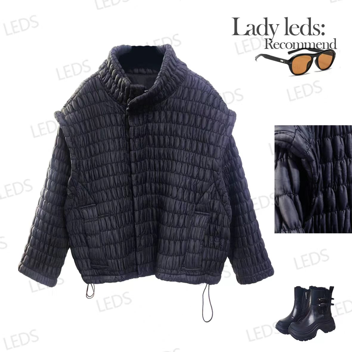 LEDS S794冬季肌理纹抽绳立体褶皱收腰设计显瘦棉外套