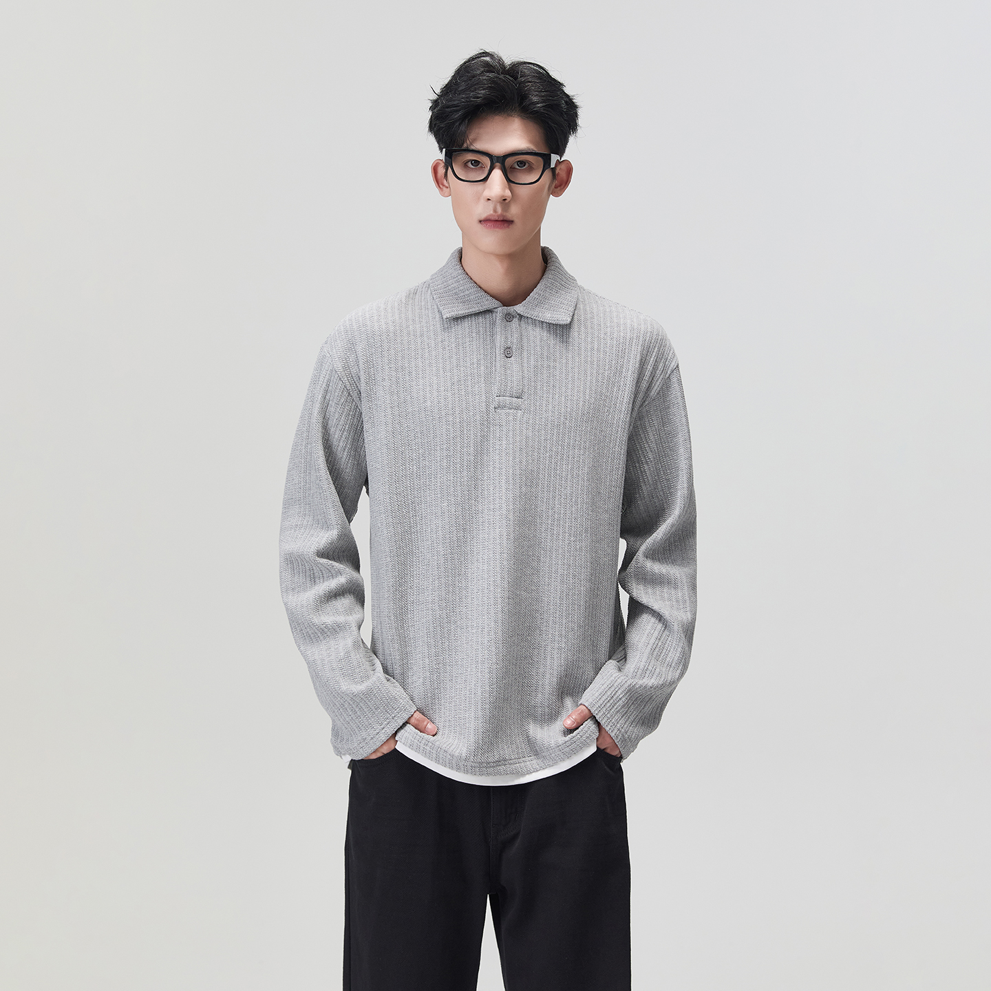 DTBD 秋季美式重磅宽松休闲肌理感条纹针织翻领长袖T恤POLO衫男款