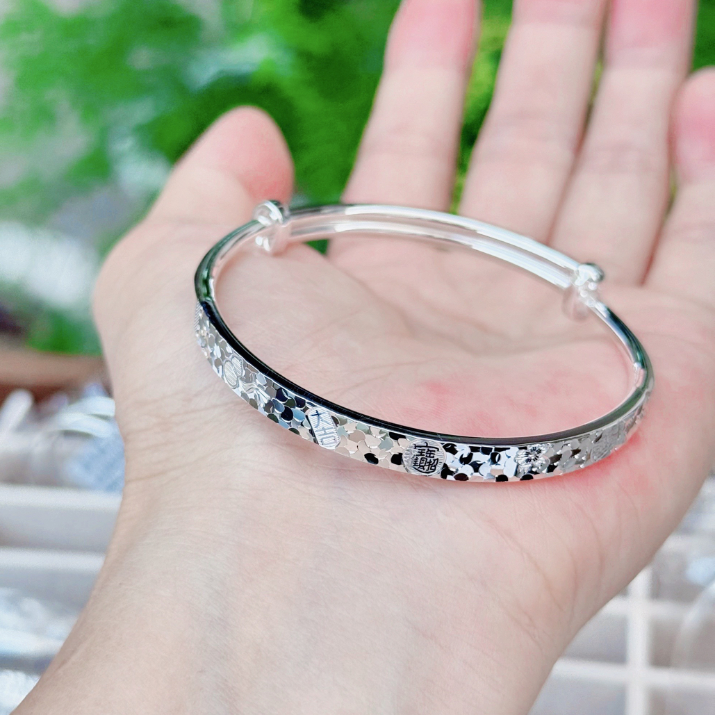 足银手镯 足银碎碎冰吉言推拉可调节简约新款