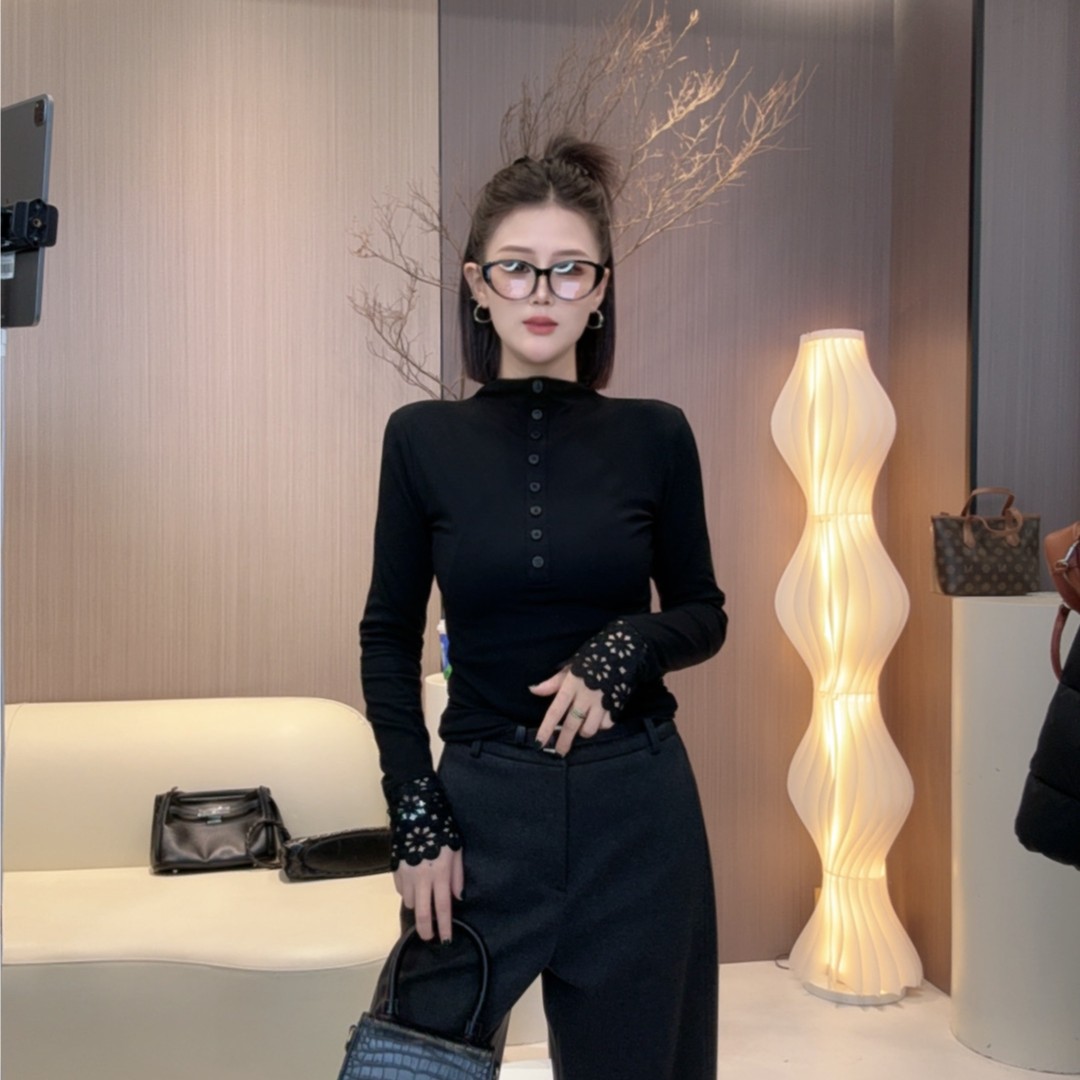 2025半高领套头T恤女士秋冬季蕾丝花边拼接长袖内搭打底衫上衣