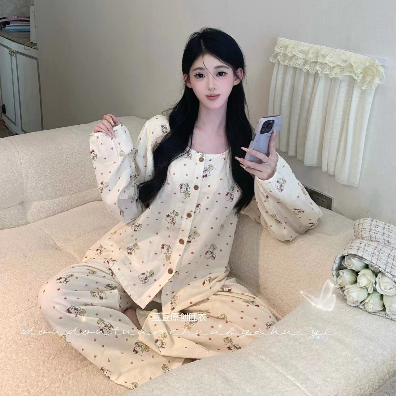 菠萝【甜心小喵】长袖长裤显瘦秋冬季女套装法式睡衣