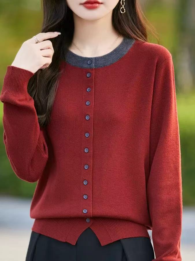 （安可拉红）新款撞色针织开衫外套女洋气显瘦大码女装毛衣281