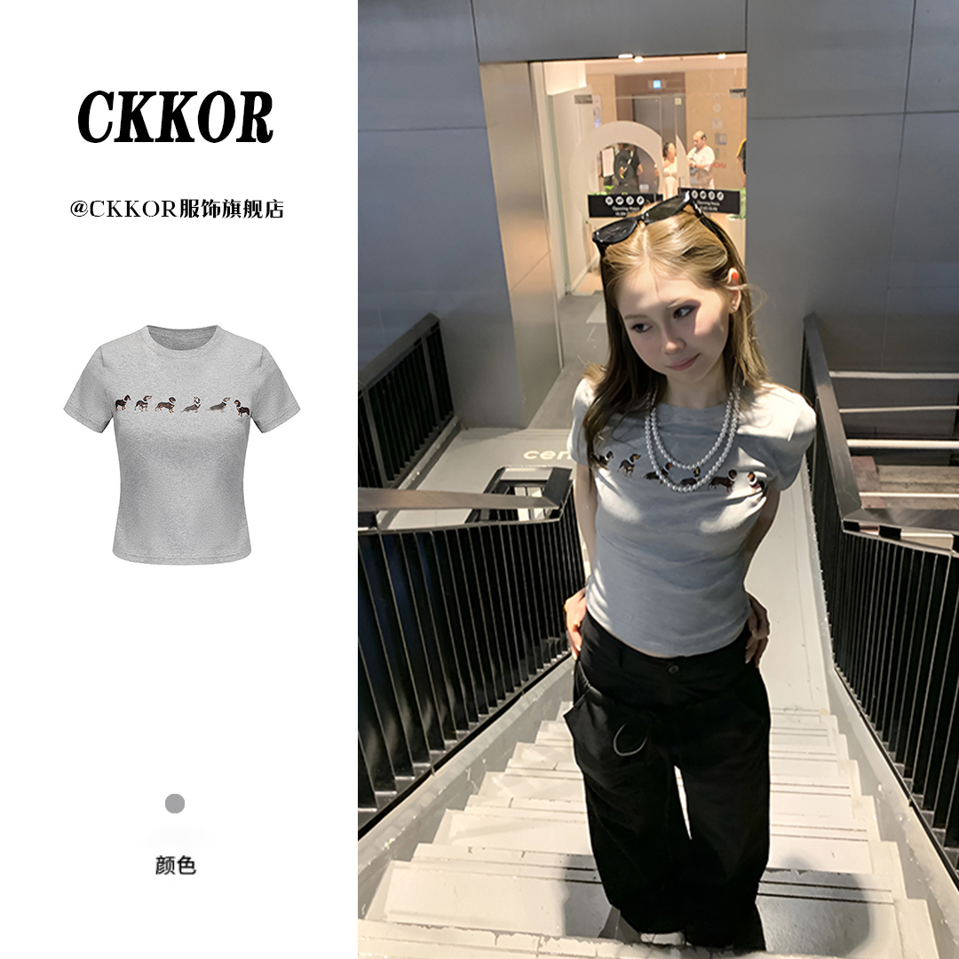 CKKOR时尚气质美式辣妹高级感女装春夏新款百搭腊肠狗女t恤短袖风