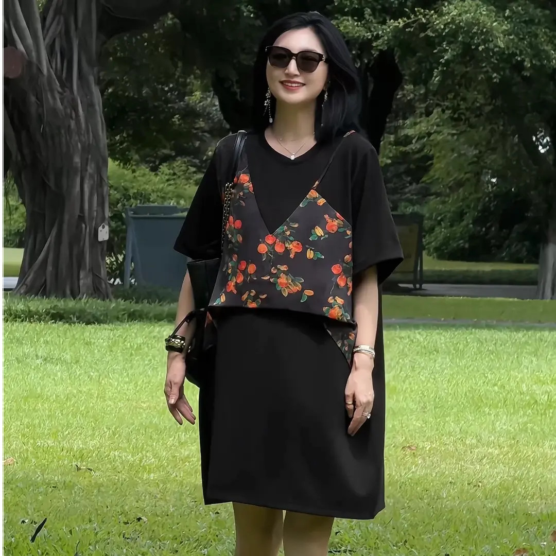 【夏季柿柿如意8061款】2025年巴瑟大码女装宽松显瘦百搭潮流拼接裙