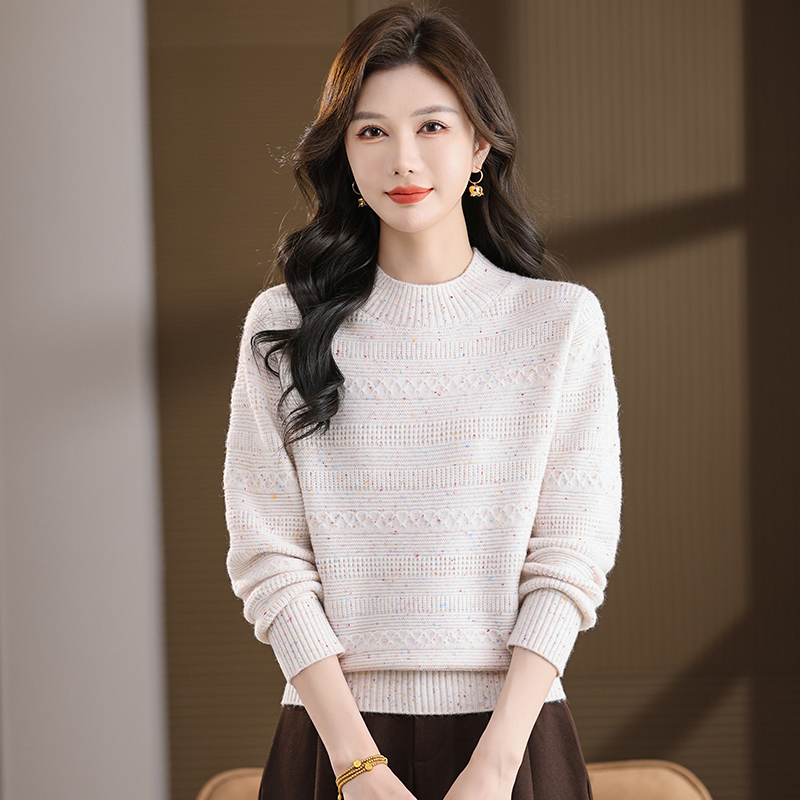针织毛针织衫秋季女拼接高领毛衣时尚洋气半高领套头长袖百搭宽松
