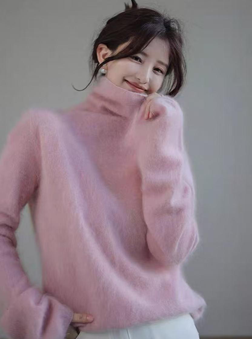 2152【九炫女装】梦璃~100长毛山羊绒气质高领纯色拉绒工艺上衣