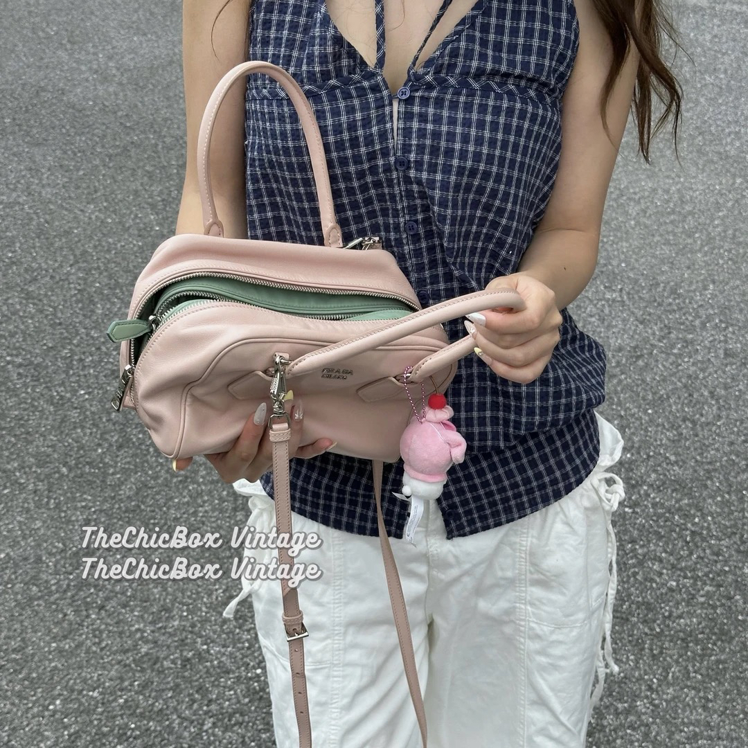 95新 Prada/普拉达 只盒/玫瑰开心果inside小号夹心包中包