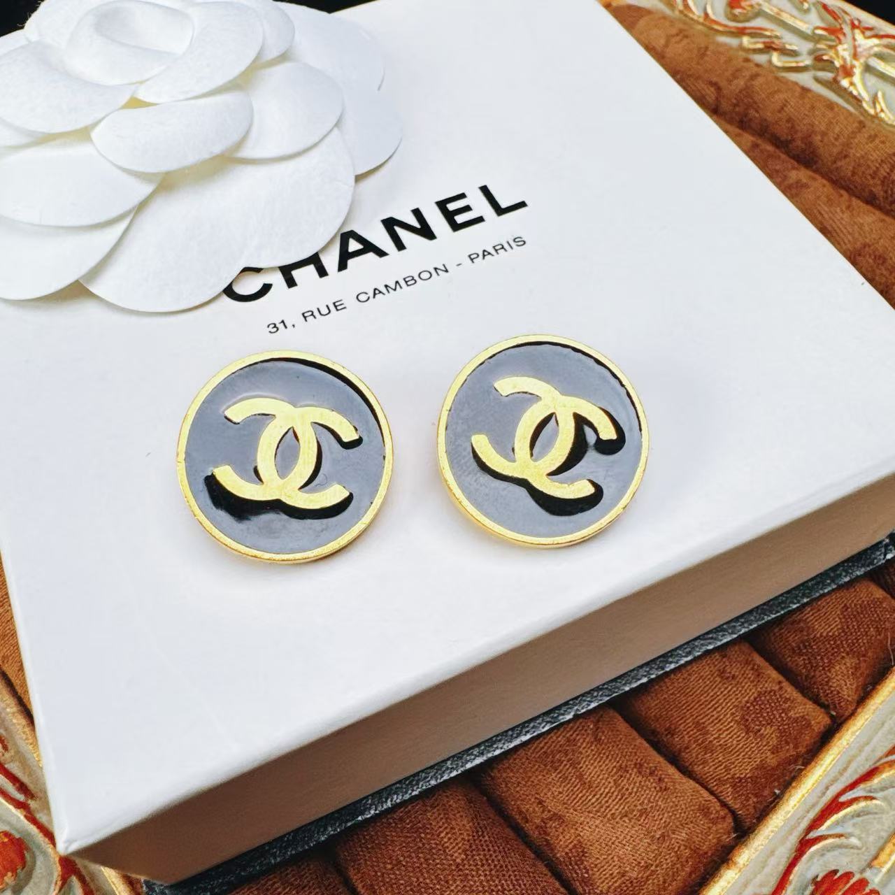 95新 Chanel/香奈儿 柚礼中古/香奈儿黑金双C耳夹lz512081