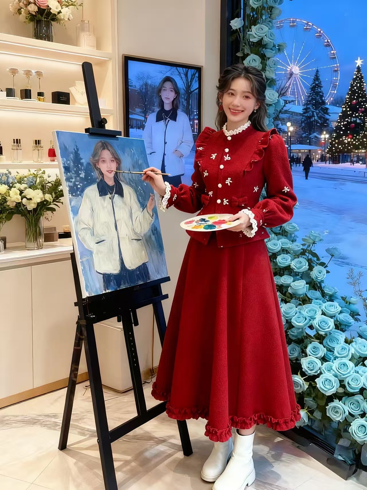 1-[运补6]674-9#温柔风红色套装女冬高级感蝴蝶上衣木耳边半身裙