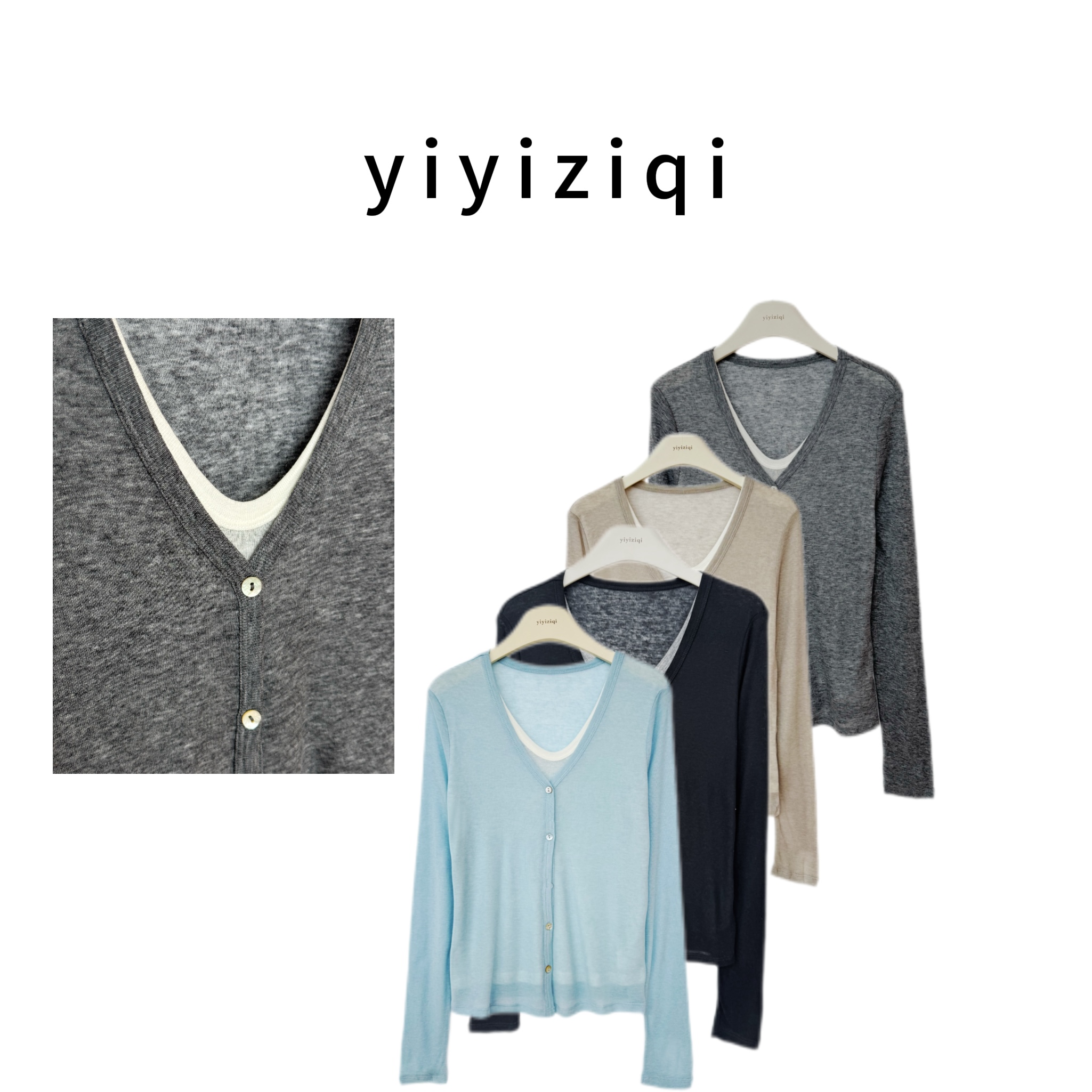 阿洁yiyiziqi【自在】拼接V领透气轻奢休闲显瘦假两件款8461