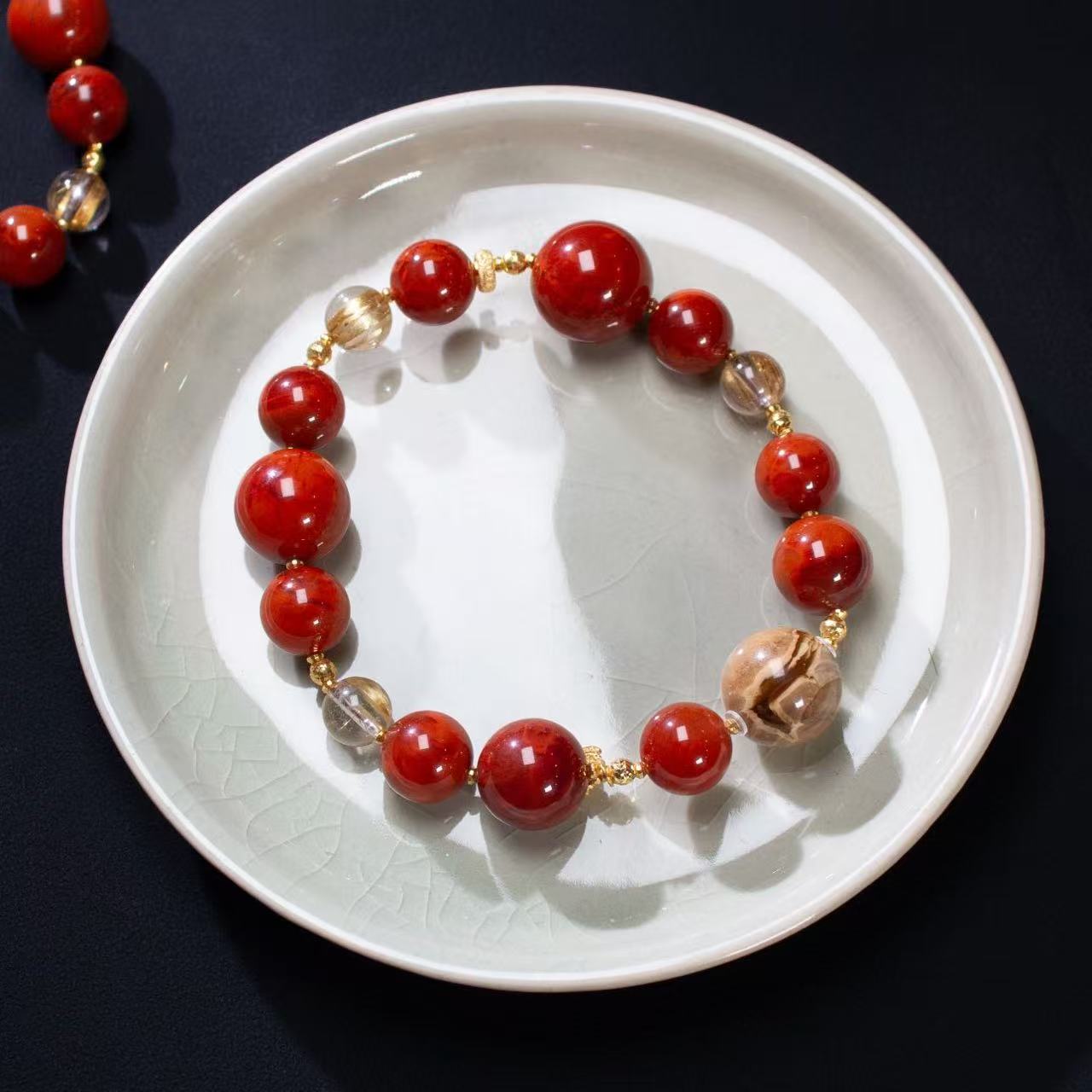 【壹芳珠宝】天然原矿南红玛瑙火焰纹大小珠单圈9-13mm