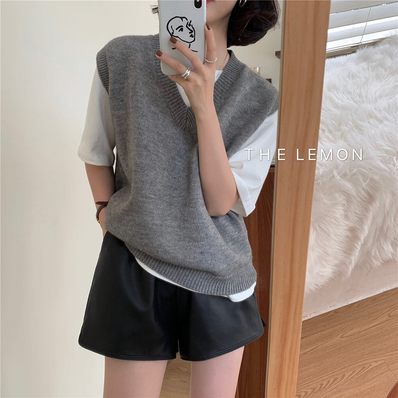 1685女V领马甲宽松大码针织衫百搭套头纯色新款薄款打底马甲