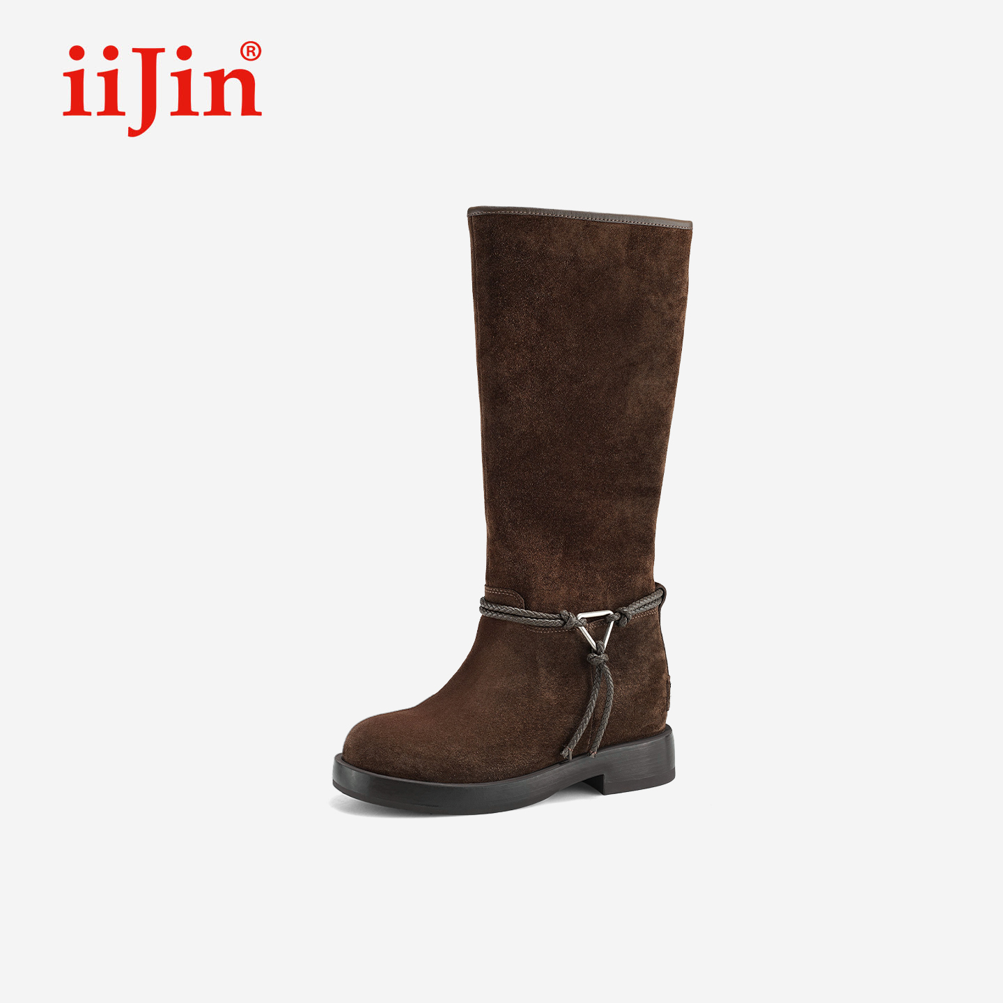 iiJin艾今25冬新品8cm厚底内增高手工编绳简约骑士长筒靴女594SFC