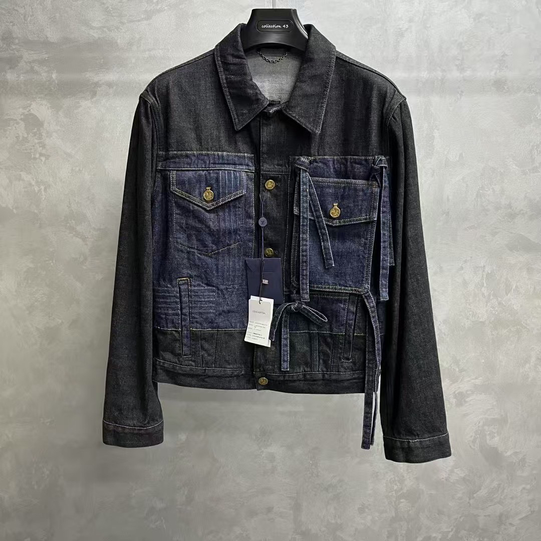 99新 LouisVuitton/路易威登 黑色蝴蝶结拼色单排扣牛仔外套/44