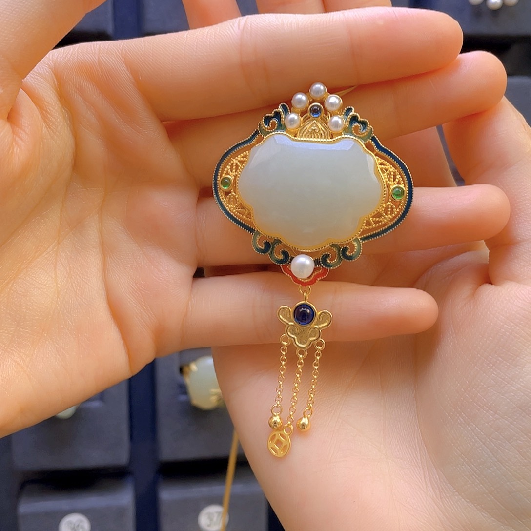 和田玉颈饰银S925镀金镶嵌