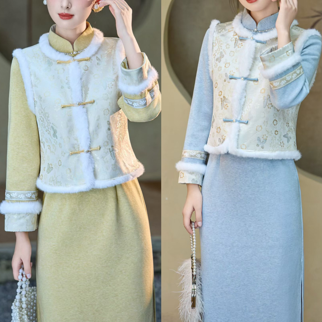 《云若》马甲套装减龄文艺日常旗袍女孩冬款2025新款连衣裙女