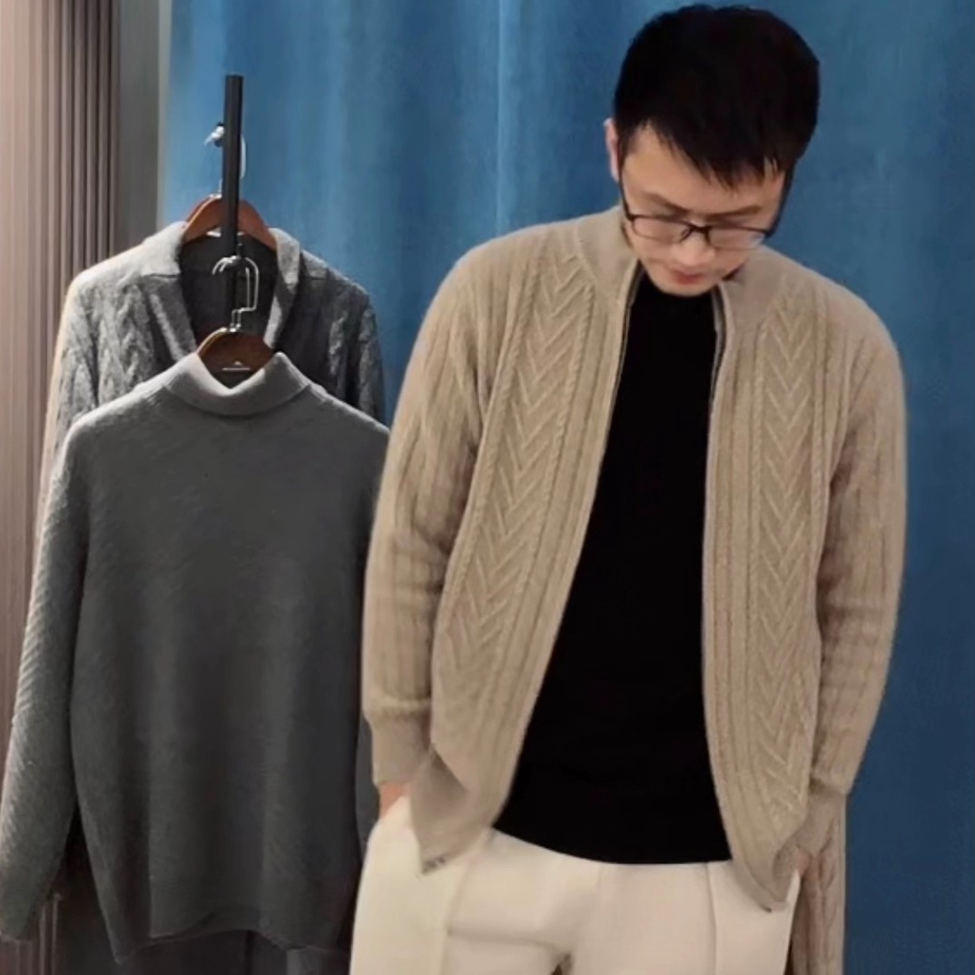 【俏哈羊绒】男士半高领拉链条纹开衫针织加厚外套100%纯山羊绒