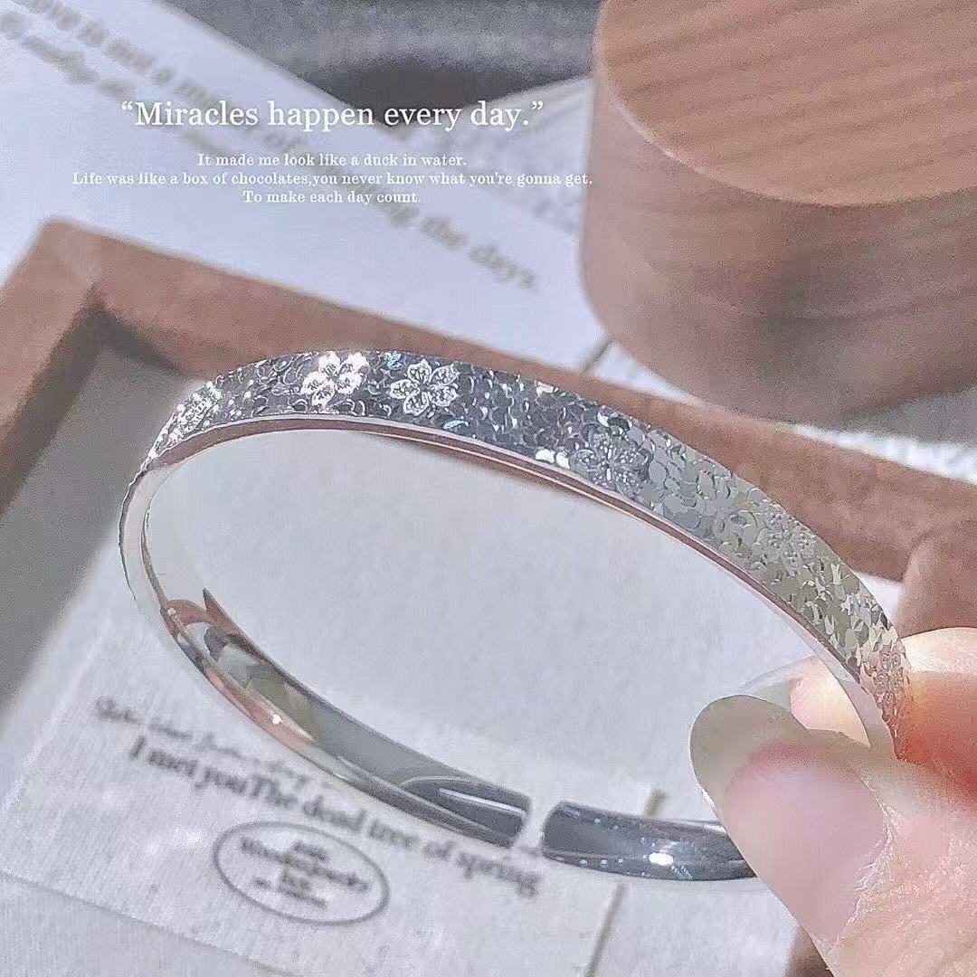 足银手镯 70号【樱花碎冰冰开口】足银999碎冰冰樱花纯银手镯满天星